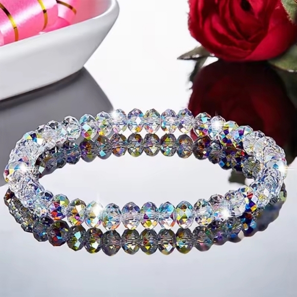 Handmade ✦ AB Austrian Crystal Rondelle Bracelet ✦ 8mm Iridescent Stretch Beads - Picture 1 of 14